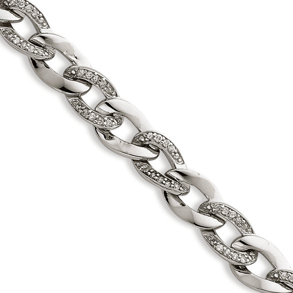 Sterling Silver 7in Polished and CZ Link Bracelet