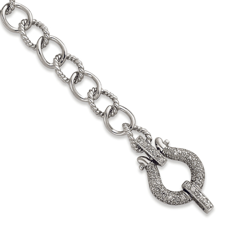 Sterling Silver 7in Heavy Alternating Link w- Large CZ Horseshoe Bracelet