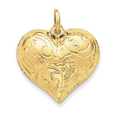 14K Gold Scrolled Puffed Heart Pendant