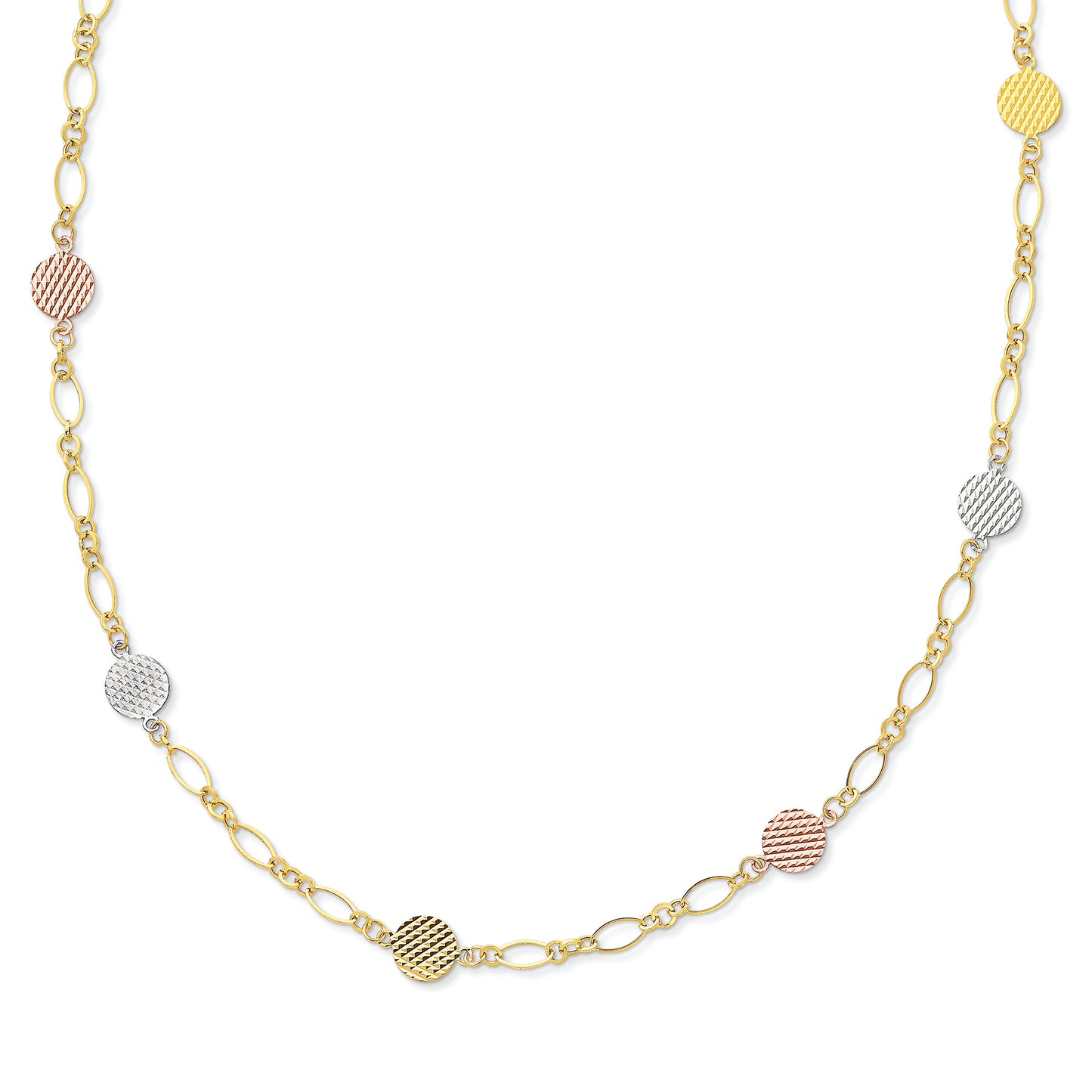 14K Gold Tri-color Flat Disc Necklace 18 Inches