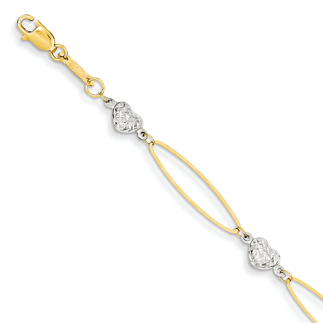 14K Gold Two-tone Puff Heart & Flat Oval Bracelet 7.25 Inches