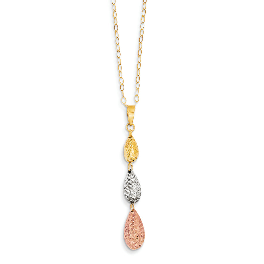 14K Gold Tri-color Puff & Flat Hearts Necklace 18 Inches