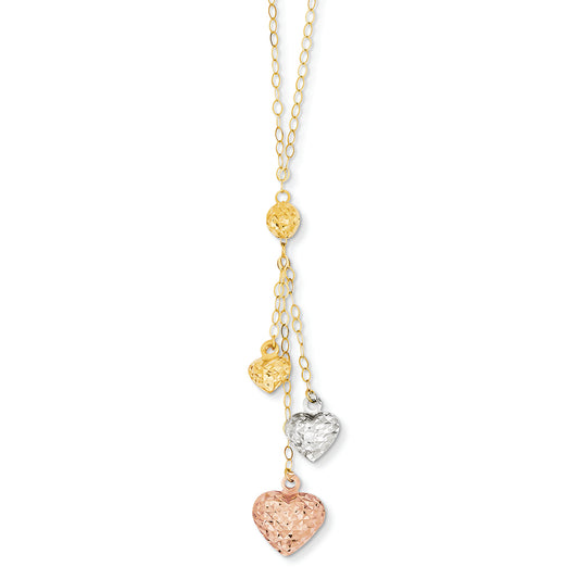 14K Gold Tri-color Puff Heart Lariat with 2in ext Necklace 16 Inches