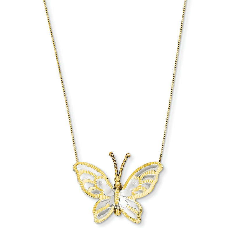14K Gold Yellow & Rose Gold with Rhodium Butterfly Necklace 18 Inches