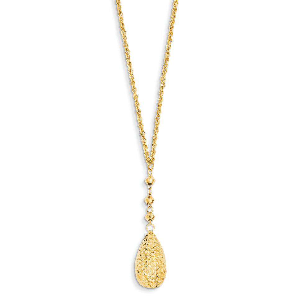 14K Gold Puff Teardrop & Bead Lariat with 2in ext Necklace 16 Inches