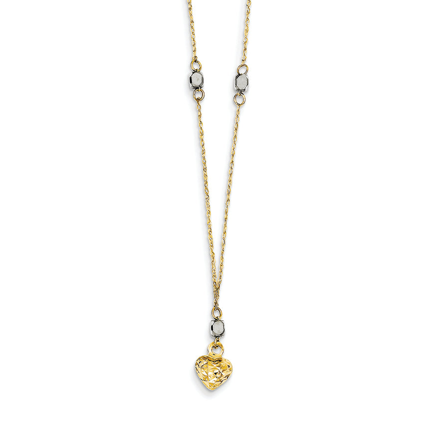 14K Gold Two-tone Puff Heart & Bead Necklace 18 Inches
