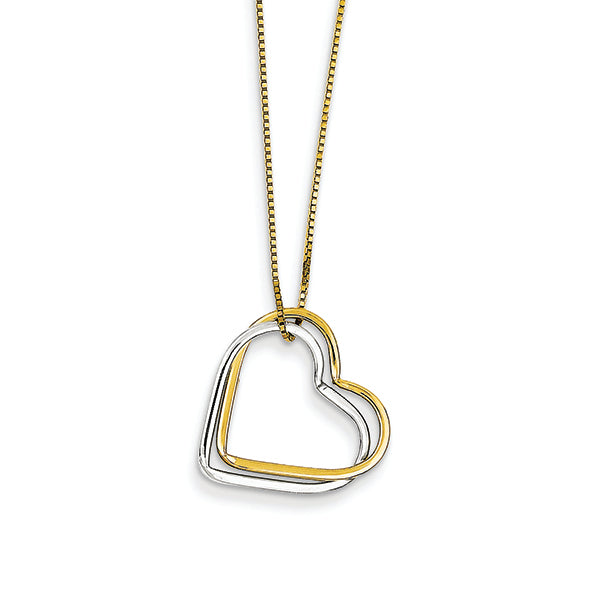 14K Gold Two-tone Double Heart Pendant Necklace 18 Inches