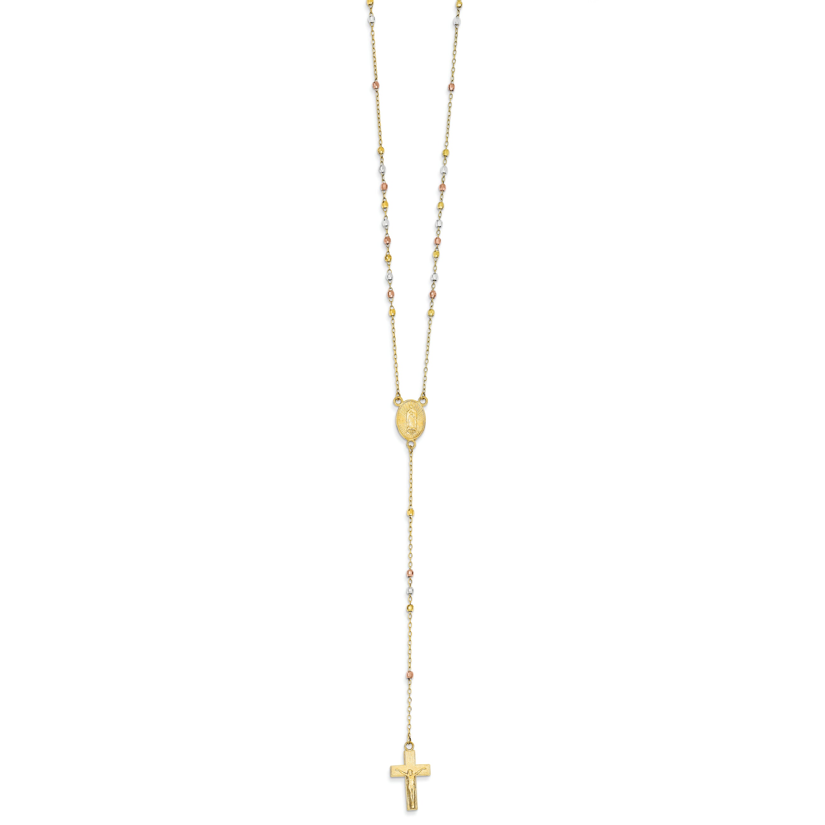 14K Gold Tri-color 17in 2mm Beads Rosary Necklace 17 Inches