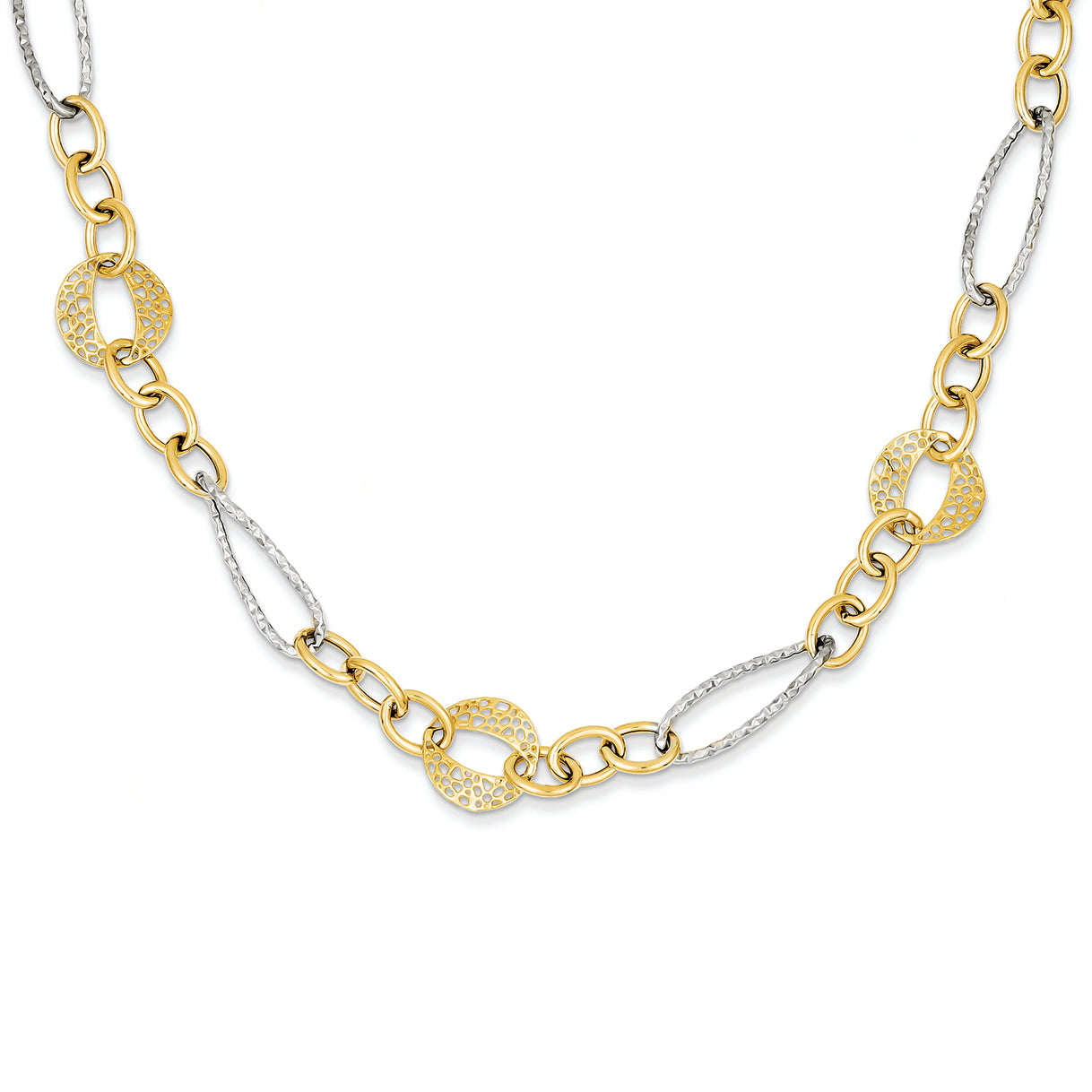 14K Gold Two Tone Polished Fancy Link Chain 18 Inches