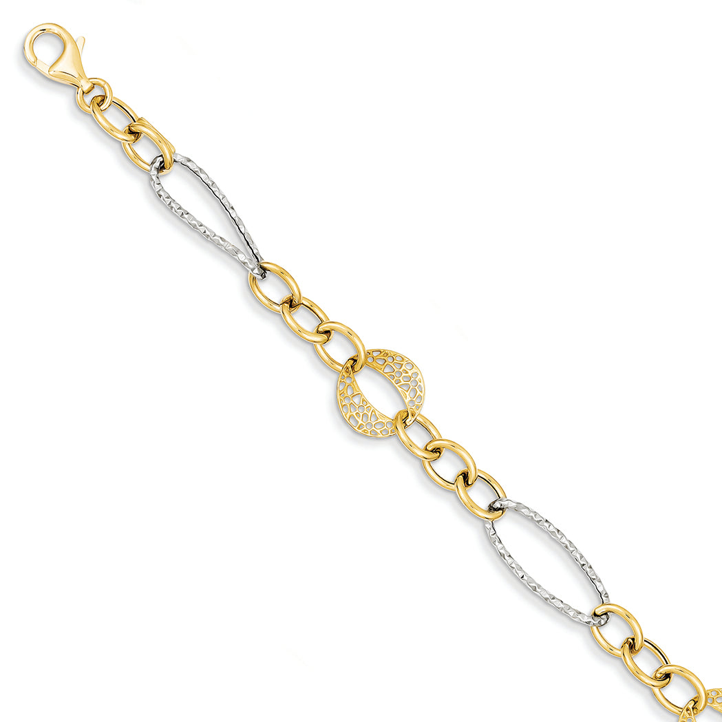 14K Gold Two Tone Polished Fancy Link Bracelet 7.5 Inches