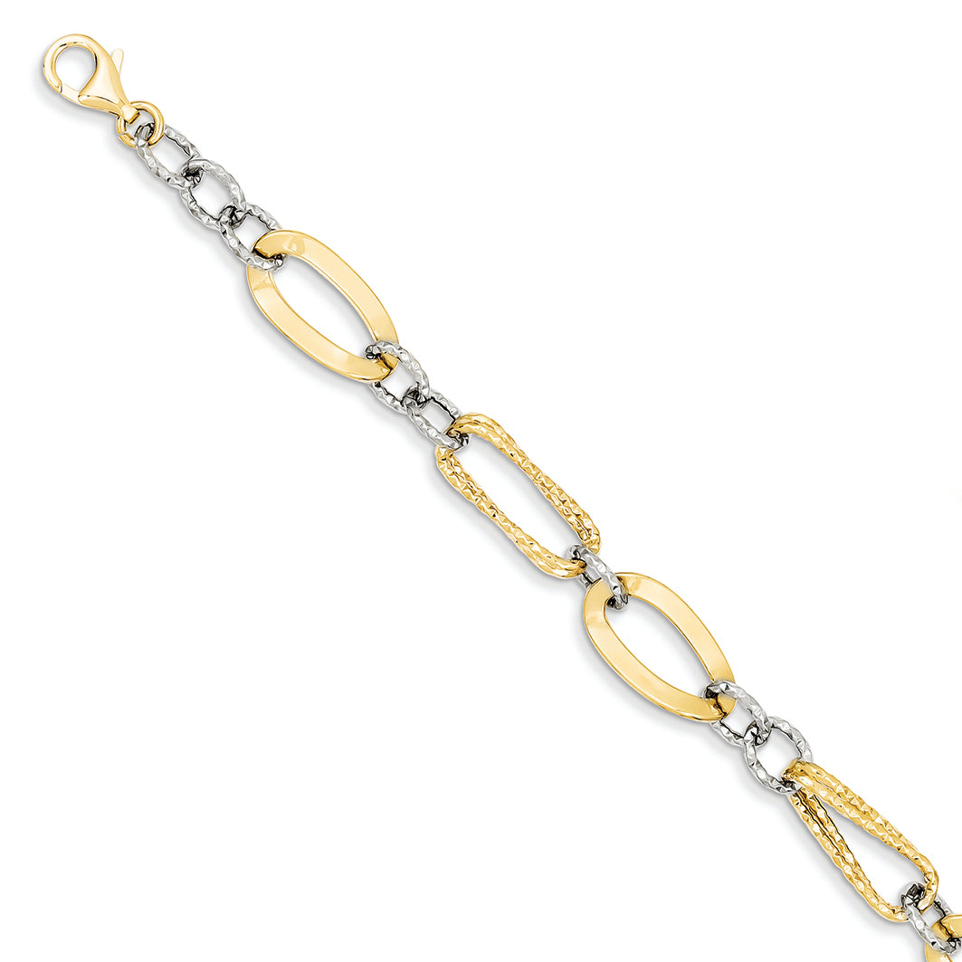 14K Gold Two Tone Polished Fancy Link Bracelet 7.5 Inches