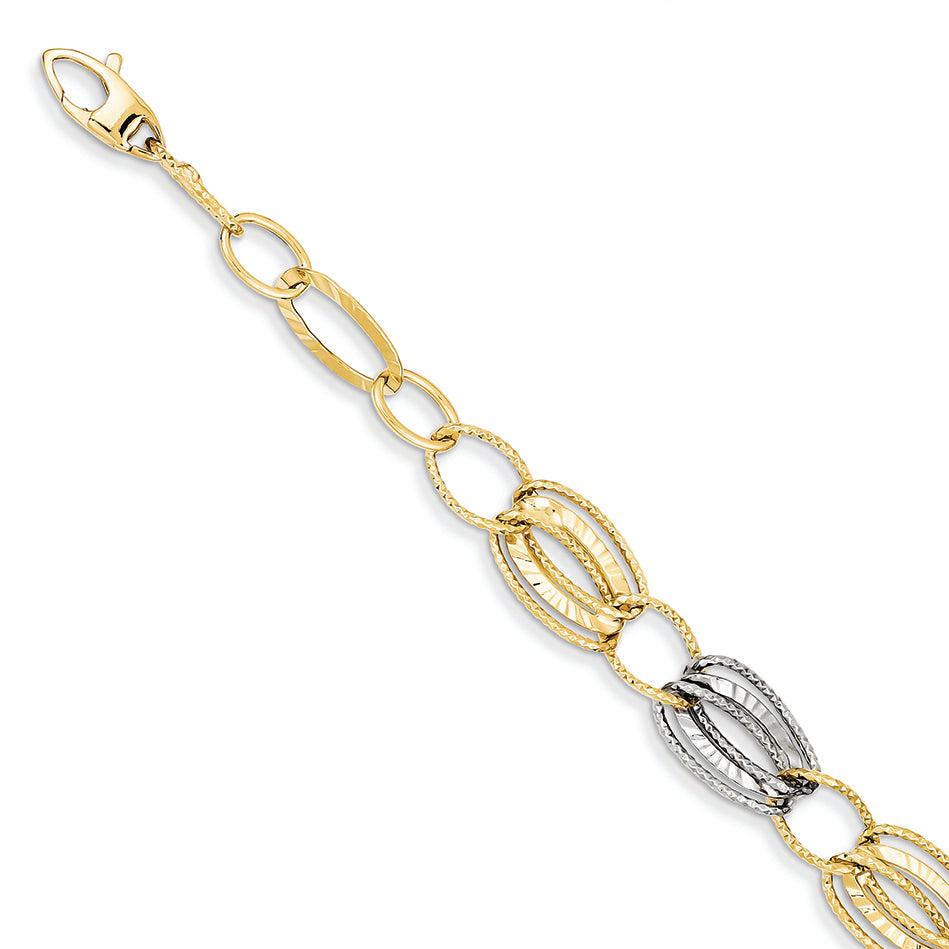 14K Gold Two-tone Textured Hollow w/ext. Bracelet 7.5 Inches
