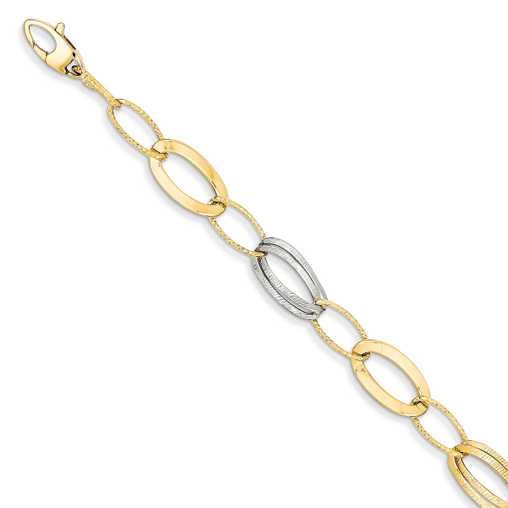 14K Gold Two-tone Polished and Textured Hollow w/ ext. Bracelet 7.75 Inches