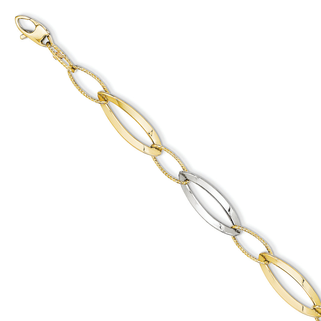 14K Gold Two-tone Polished and Textured Hollow w/ext. Bracelet 7.5 Inches