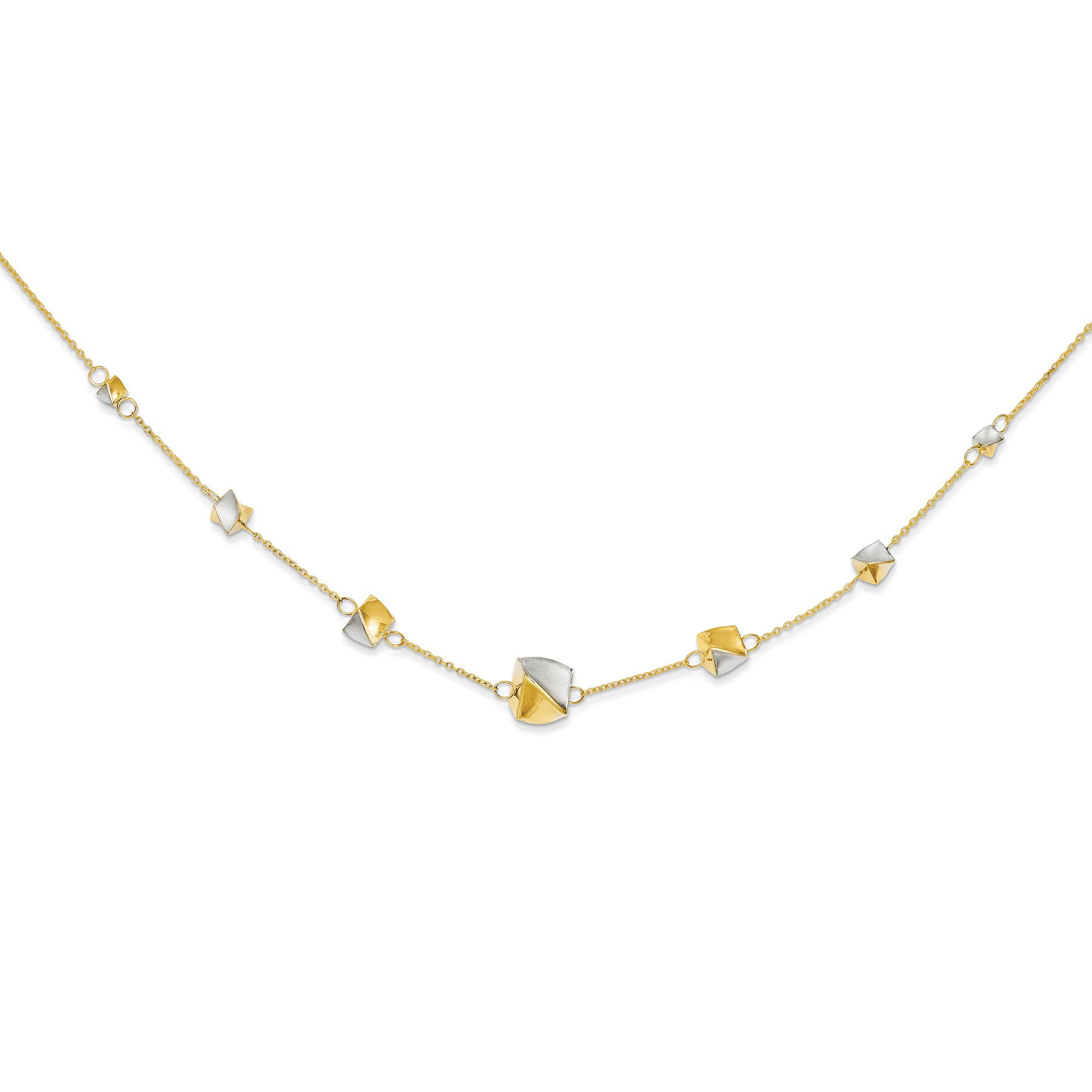 14K Gold & Rhodium Polished and Brushed Boxes Necklace 17 Inches
