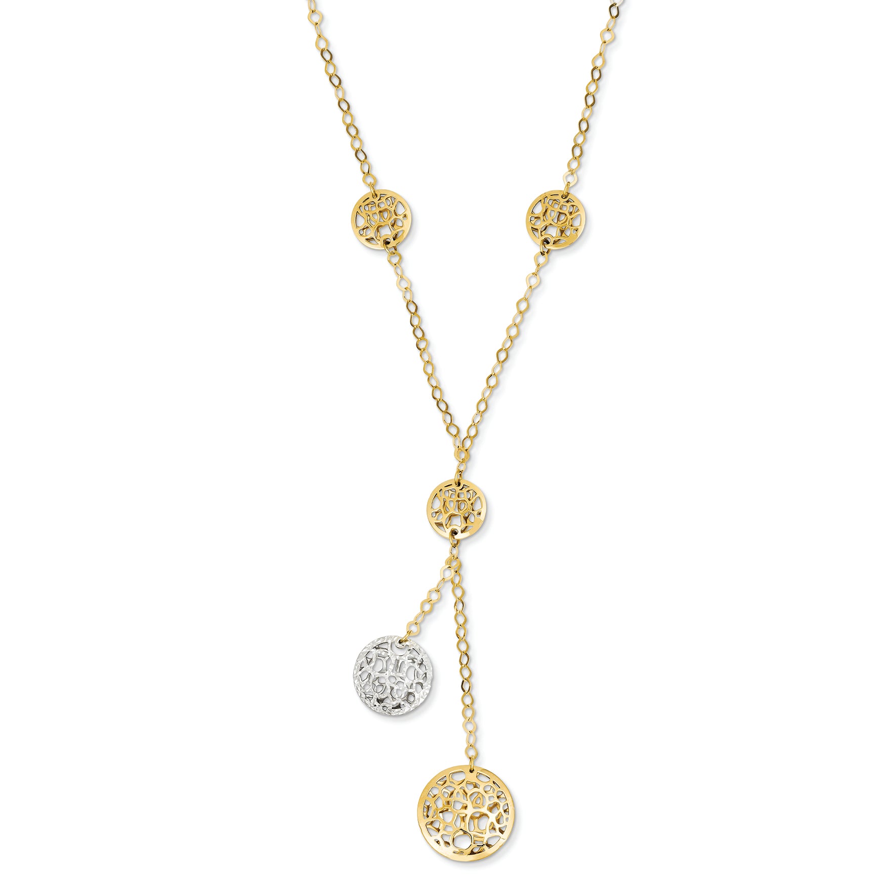 14K Gold Two-tone Polished & Diamond Cut Circle Dangle Necklace 17 Inches