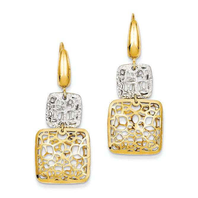 14K Gold Two-tone Polished & Diamond Cut Square Leverback Earrings