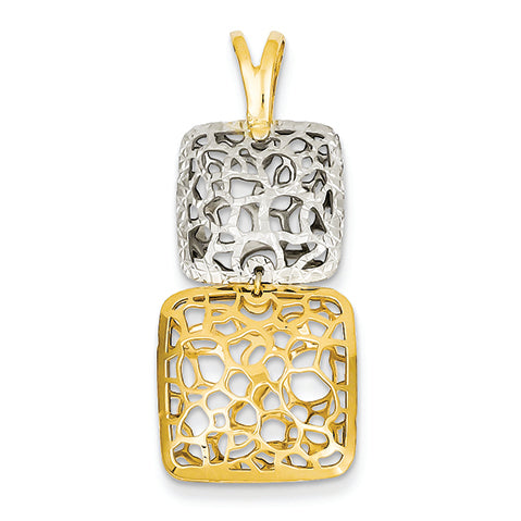 14K Gold Two-tone Polished & Diamond Cut Square Pendant