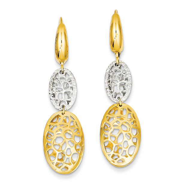 14K Gold Two-tone Polished & Diamond Cut Oval Leverback Earrings