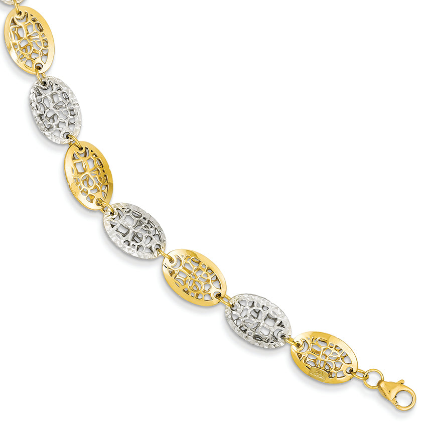 14K Gold Two-tone Polished & Diamond Cut Oval Shape Bracelet 7 Inches