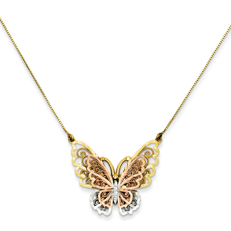 14K Gold Yellow & Rose Gold w/ Rhodium Butterfly Necklace 18 Inches