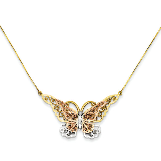 14K Gold Yellow & Rose Gold w/ Rhodium Butterfly Necklace 17 Inches