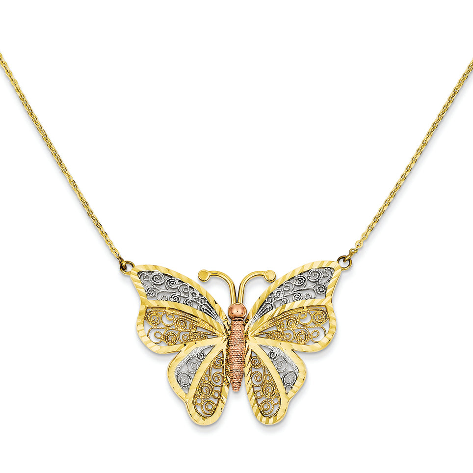 14K Gold Yellow & Rose Gold w/ Rhodium Filigree Butterfly Necklace 17 Inches