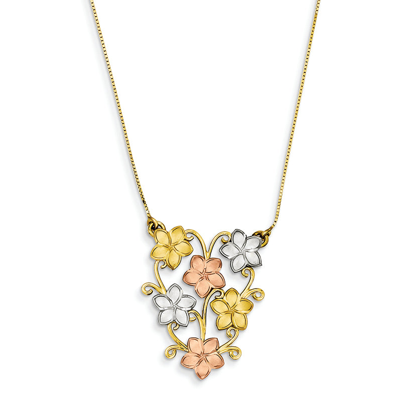 14K Gold Tri color Satin Plumeria Necklace 17 Inches