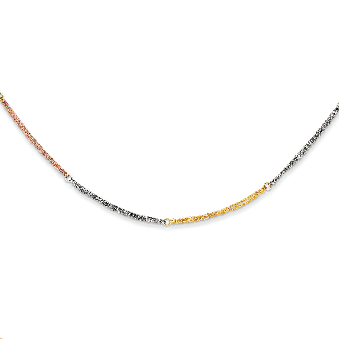 14K Gold Tri-color Section Strands w/ 2in Ext Necklace 16 Inches
