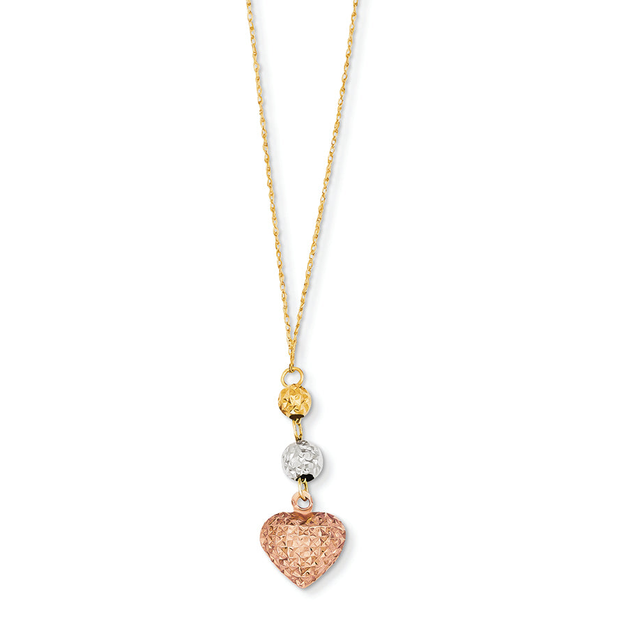 14K Gold Tri-color Ropa Diamond Cut Beads & Heart w/ 2in Ext Necklace 16 Inches