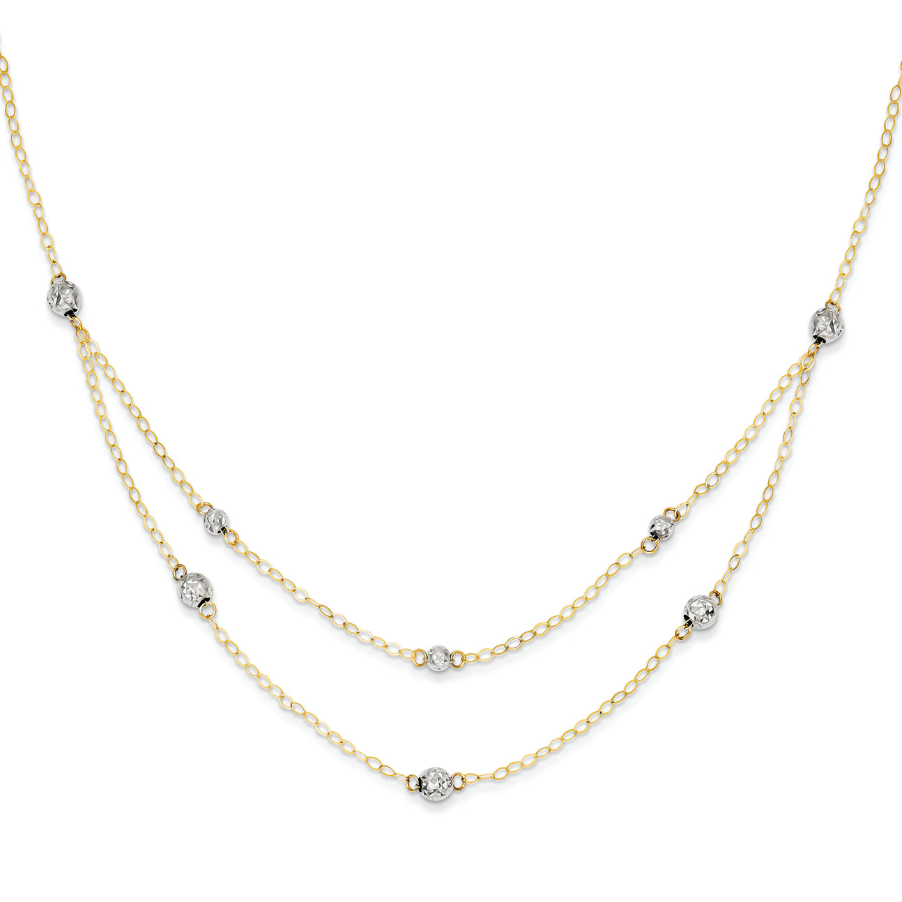 14K Gold Two-tone Double Strand  D/C Beads w/ 2in Ext Necklace 16 Inches