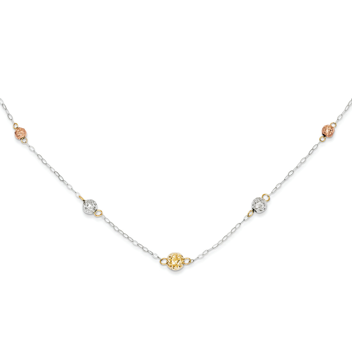 14K Gold Tri-color Beads Diamond Cut Oval Chain w/2in Ext Necklace 16 Inches