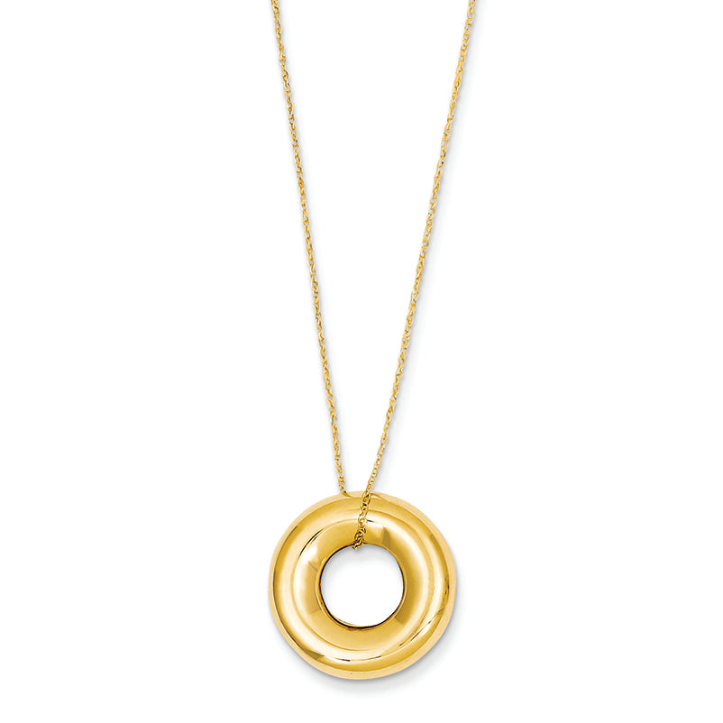 14K Gold Singapore Chain Puff Circle w/ 2in Ext Necklace 16 Inches