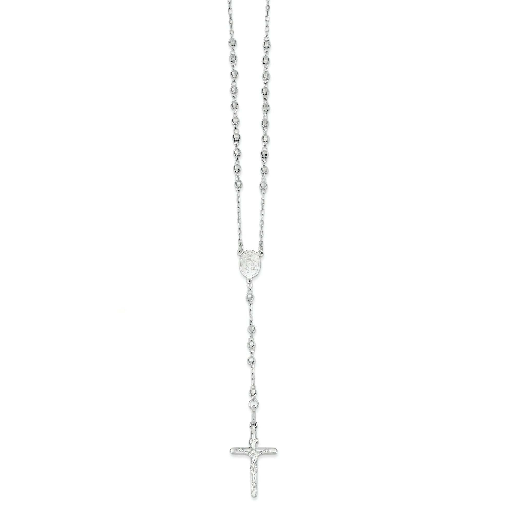 14K White Gold Diamond-cut 3mm Beaded Rosary Necklace 24 Inches