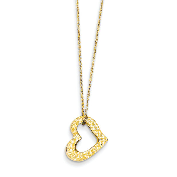 14K Gold Ropa Diamond Cut Puff Open Heart w/ 2in Ext Necklace 16 Inches