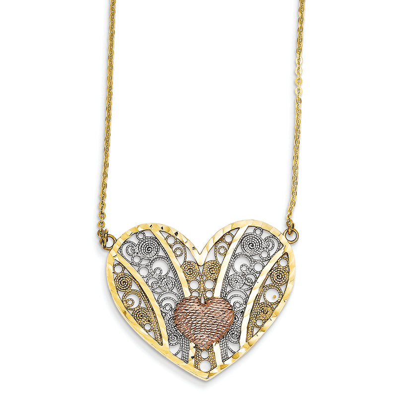 14K Gold Yellow & Rose Gold w/ Rhodium Filigree Heart Necklace 19 Inches
