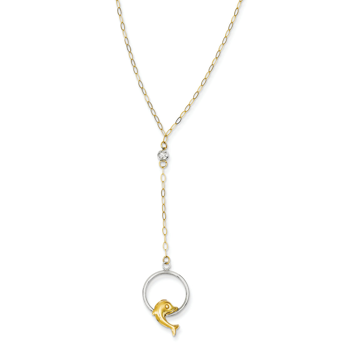 14K Gold Two-tone Oval Chain w/ Dolphin Dangle w/ 2in Ext Necklace 18 Inches