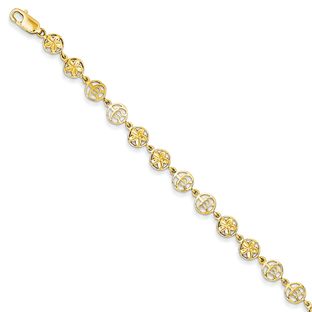14K Gold Flower & Turtle Circles Bracelet 7.5 Inches