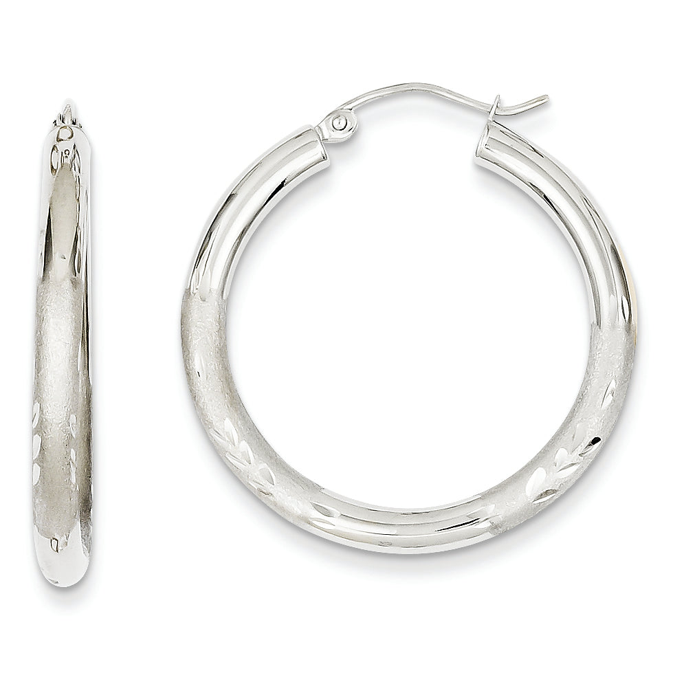 14K White Gold Satin & Diamond-cut 3mm Round Hoop Earrings