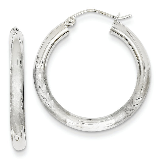 14K White Gold Satin & Diamond-cut 3mm Round Hoop Earrings