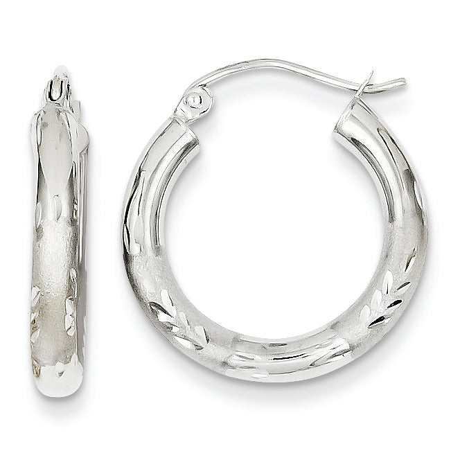 14K White Gold Satin & Diamond-cut 3mm Round Hoop Earrings