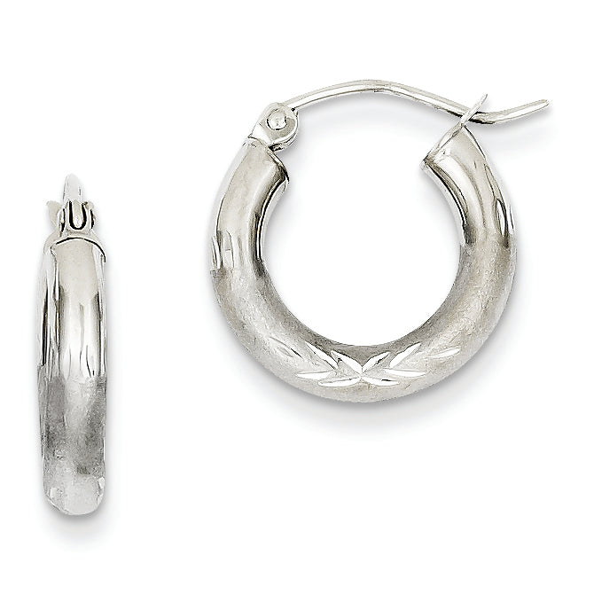 14K White Gold Satin & Diamond-cut 3mm Round Hoop Earrings