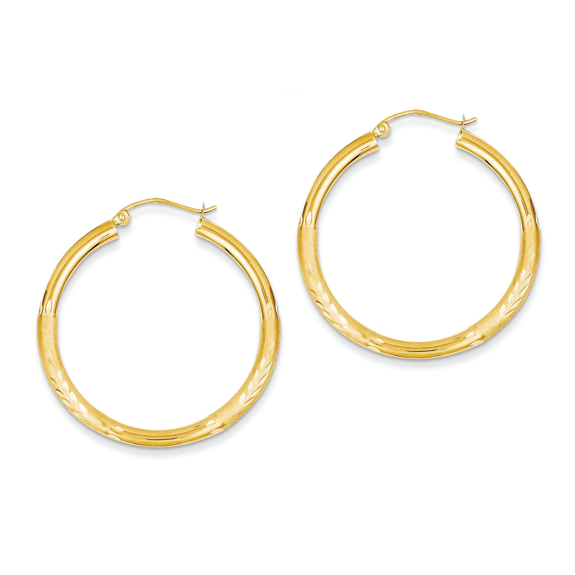 14K Gold Satin & Diamond-cut 3mm Round Hoop Earrings