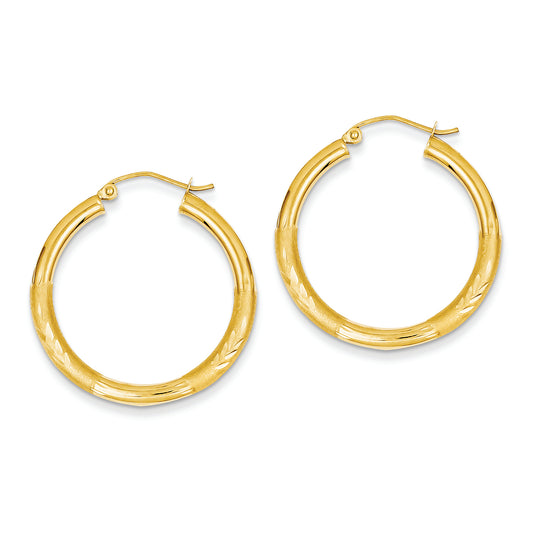 14K Gold Satin & Diamond-cut 3mm Round Hoop Earrings