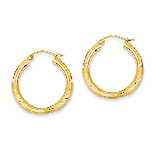 14K Gold Satin & Diamond-cut 3mm Round Hoop Earrings