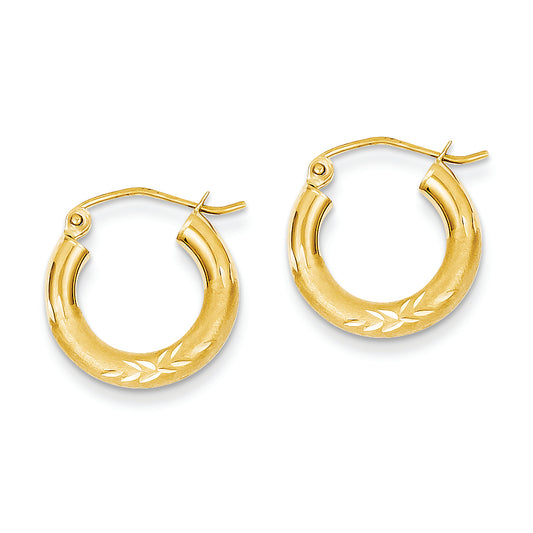 14K Gold Satin & Diamond-cut 3mm Round Hoop Earrings