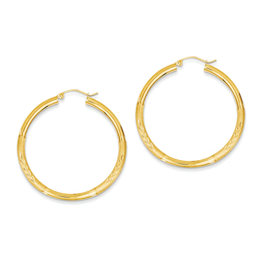 14K Gold Satin & Diamond-cut 3mm Round Hoop Earrings