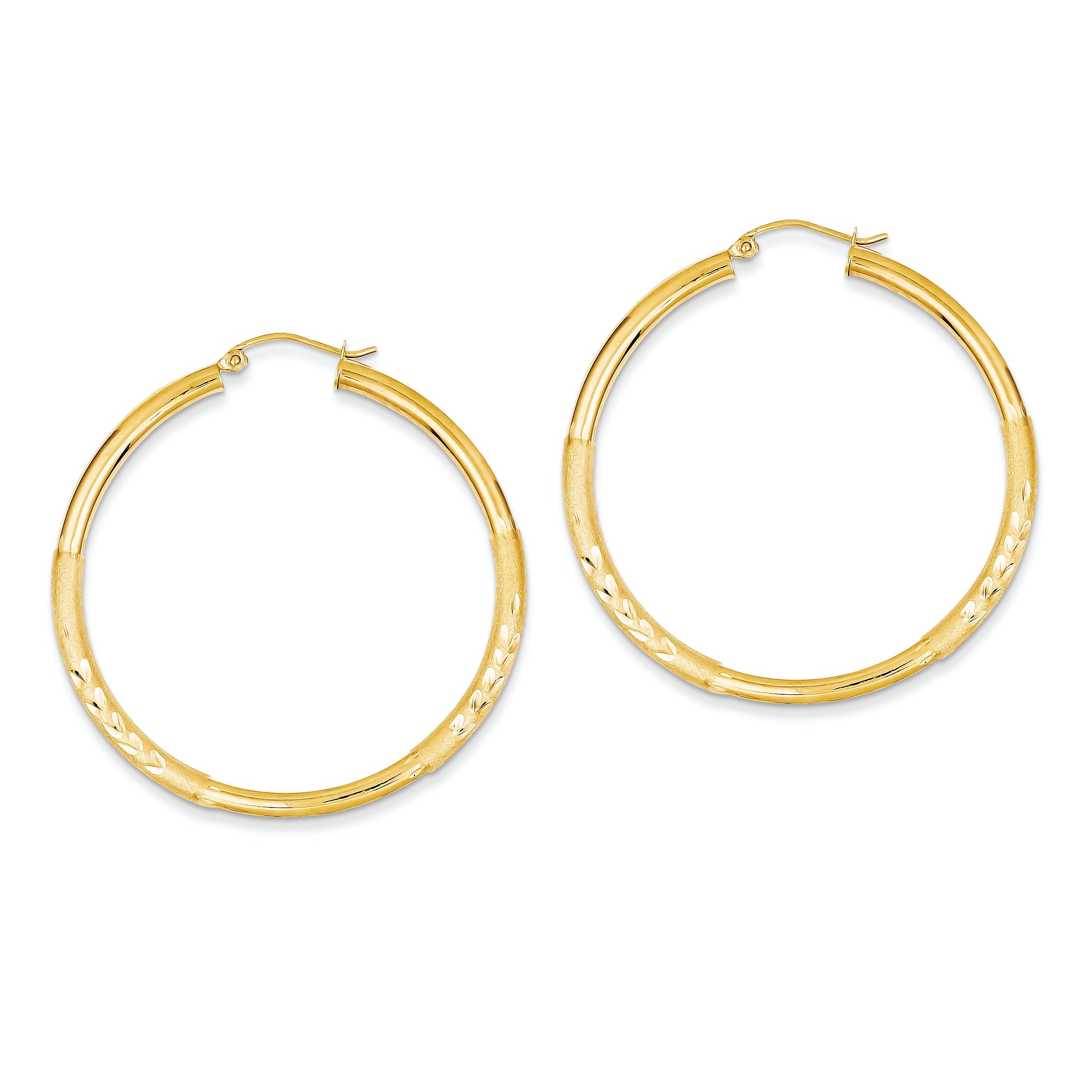14K Gold Satin & Diamond-cut 3mm Round Hoop Earrings
