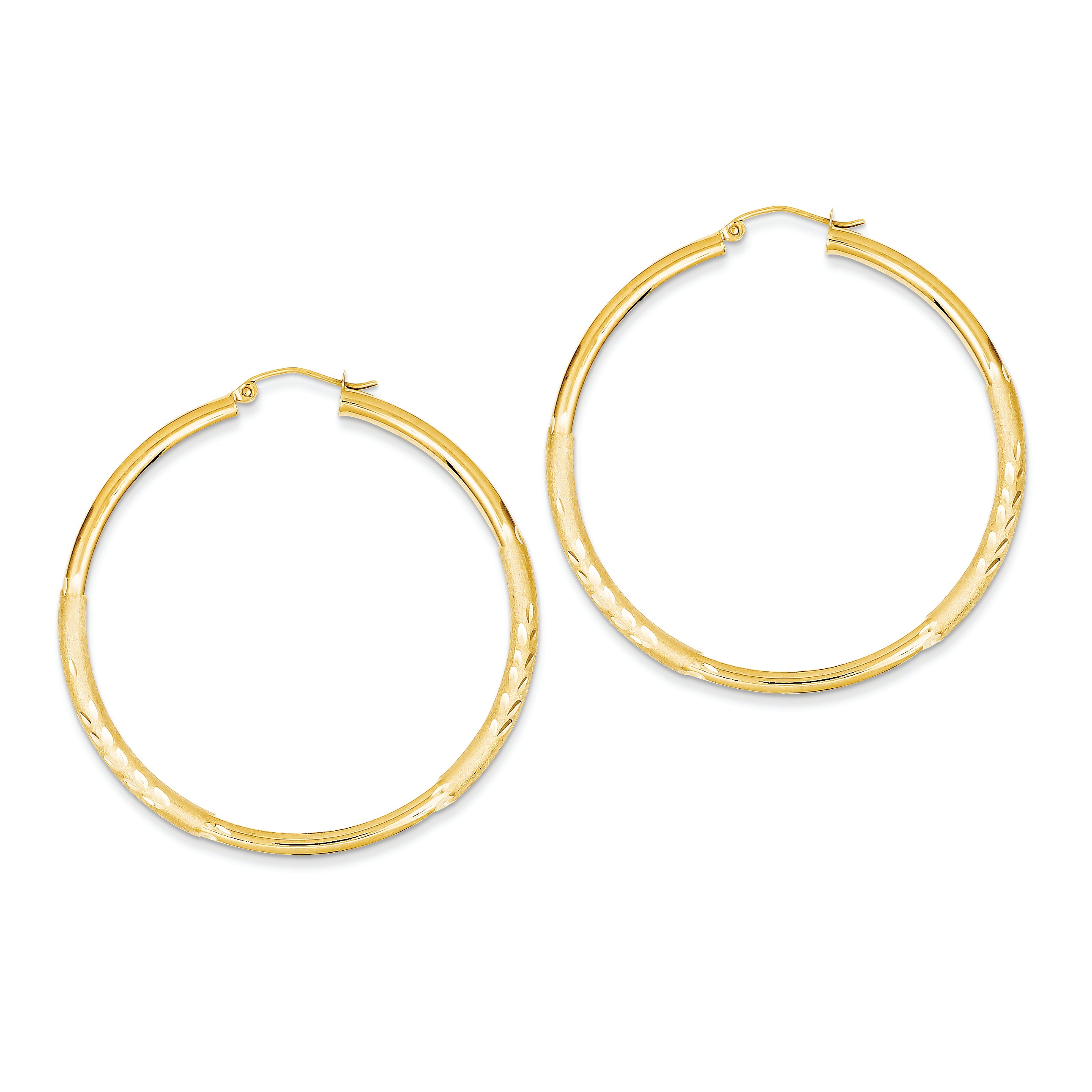 14K Gold Satin & Diamond-cut 3mm Round Hoop Earrings