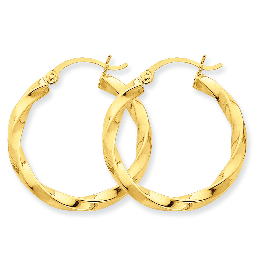 14K Gold Polished 3mm Twisted Hoop Earrings